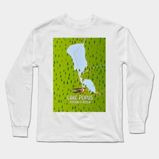 Lake Peipus Estonia and Russia map Long Sleeve T-Shirt